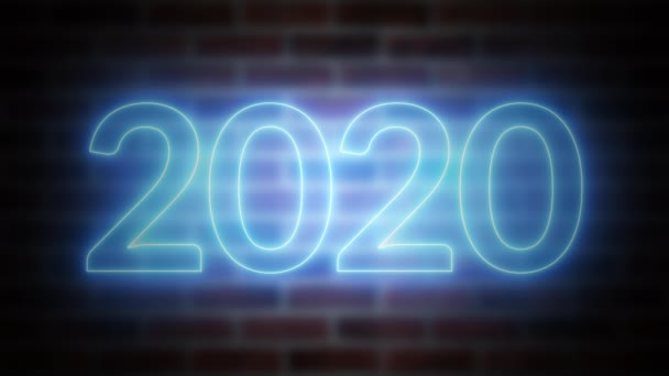 Πρωτοχρονιάτικη πινακίδα νέον 2020 σε ένα υπόβαθρο από τούβλα, υπολογιστή που παράγεται. 3D απόδοση του εορτασμού της Πρωτοχρονιάς — Αρχείο Βίντεο