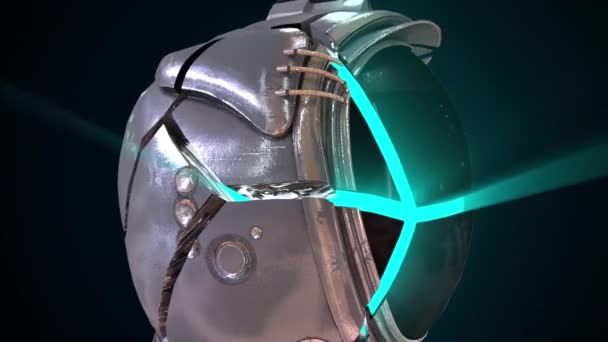 Cabeza de astronauta en un casco de metal de cerca con luz de neón desde el interior. Fondo de espacio generado por computadora, renderizado 3D — Vídeos de Stock