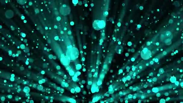 Le rendu 3D des particules de cyan scintille et crée du bokeh sur un fond noir. Fond abstrait généré par ordinateur 