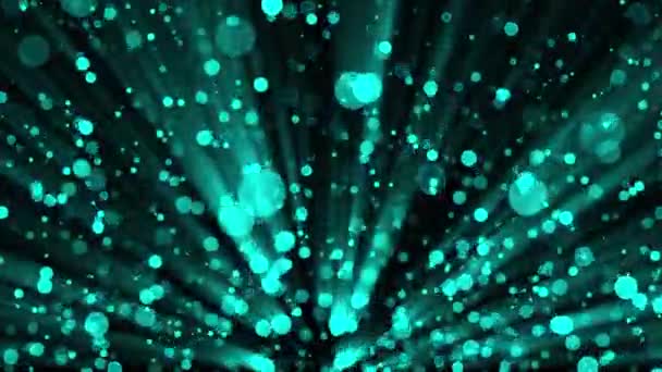 3D rendering cyan particles shimmer and create bokeh on a black background. Computer generated abstract background — ストック動画