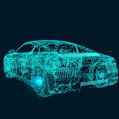 Noktalar, çizgiler ve şekillerden oluşan bir spor arabanın soyut görüntüsü