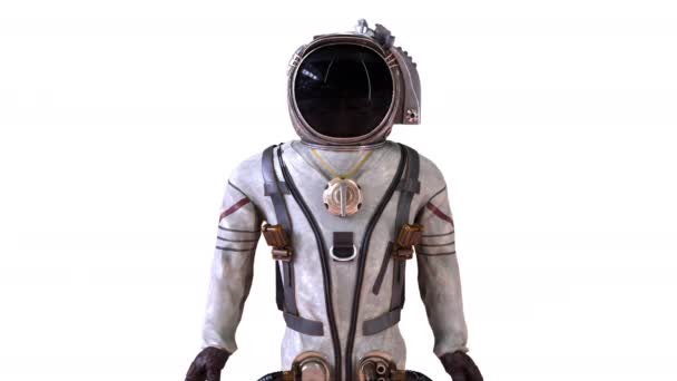 Cosmonaut in a metal protective spacesuit is destroyed into small particles. Computer generated space background, 3d rendering — ストック動画