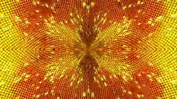 La computadora generó un fondo abstracto a partir de partículas de oro. Caleidoscopio se convierte en un girasol semillas, representación 3D — Vídeos de Stock