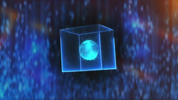 Cube néon avec centre de données en gravité nulle sur un fond abstrait, rendu 3D généré par ordinateur 