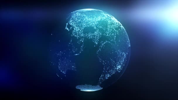 Globe bestaande uit deeltjes en stippen verlicht door lichtstralen. Computergegenereerde 3d rendering van digitale aarde — Stockvideo