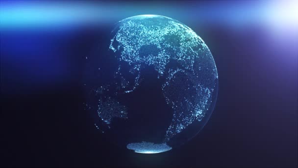 Küre, ışık ışınlarıyla aydınlatılan parçacıklardan ve noktalardan oluşur. Bilgisayar, dijital dünyanın 3d görüntülemesini oluşturdu — Stok video