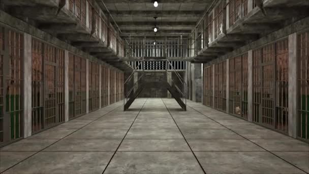 Fond généré par ordinateur. Plusieurs blocs de prison sombres sur deux étages. Rendu 3d 