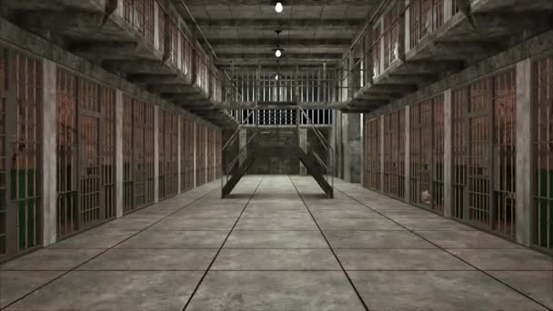 Computer generated background. Several gloomy prison blocks on two floors. 3d rendering — Stock Video