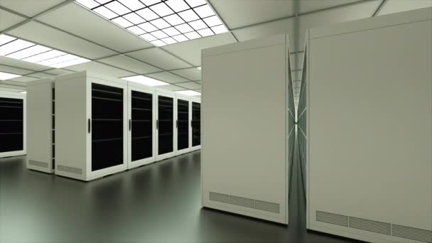 Grand intérieur de salle de serveurs dans le datacenter, le réseau Web et la technologie de télécommunication Internet, le stockage de données et le concept de service cloud, rendu 3d 