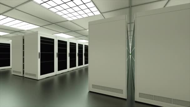 Stor server rummet interiören i datacenter, webbteknik nätverk och internet telekommunikation, data lagring och molnet servicekoncept, 3d render — Stockvideo