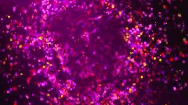 Bokeh ile dönen bir sürü renkli parçacık. Bilgisayar oluşturulmuş 3d konfeti oluşturma arkaplanı