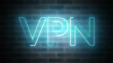 Tuğla, bilgisayar tarafından oluşturulan ve parlayan lazer ışığına sahip tel çerçeve sembolüne karşılık 3B metin VPN yorumlaması