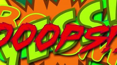 Farklı renkte komik kelimeler üst üste bindirilmiş. Parlak dinamik çizgi film illüstrasyonları retro pop sanat tarzında. Bilgisayar oluşturulmuş 3d görüntüleme