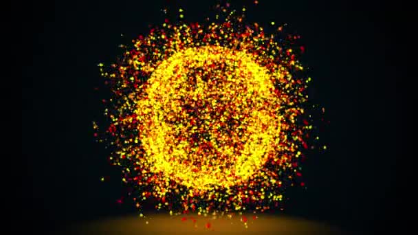 3D görüntüleme, bilgisayar tarafından oluşturulan soyut küre, siyah arkaplan üzerinde parıldayan altın parçacıklar. — Stok video