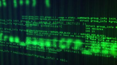 Web arkaplanının 3 boyutlu canlandırması. Bilgisayar ekranı terminalinde çalışan programlama kodu, bilgisayar oluşturuldu
