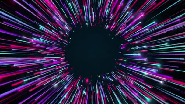 3d movimento di rendering attraverso lungo corridoio da travi. Velocità della luce, raggi luminosi al neon in movimento. Computer generato astratto moderno sfondo cosmico — Video Stock