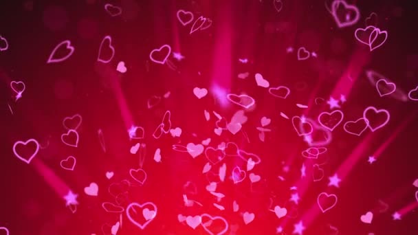 Hearts and stars swirl in the rays of light. 3D rendering of abstract wedding background, computer generated — ストック動画