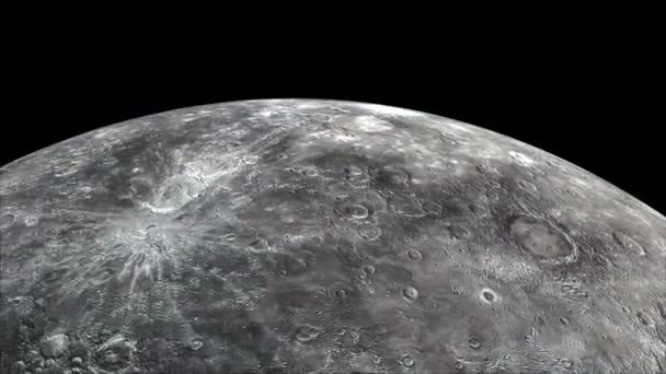 Voando sobre a superfície do planeta Mercúrio, gerado por computador. 3d renderização de fundo científico realista. Elementos desta imagem são apresentados pela NASA — Vídeo de Stock