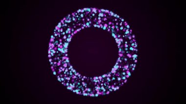 Bir sürü yanıp sönen renkli parçacık halkası, bilgisayar üretimi. Sanat arkaplanının 3d görüntülenmesi