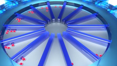 Yuvarlak dizayn, cam çubuklar ve çiplerle, bilgisayar üretimi. Soyut teknoloji arkaplanının 3d görüntülenmesi