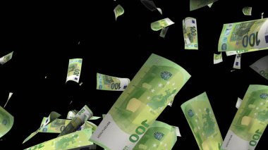 Yukarıdan bir sürü euro düşüyor, üç boyutlu olarak. Para yağmuru etkisiyle bilgisayar tarafından oluşturuldu. İş başarısı
