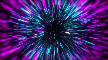 Yıldızlar arasında 3 boyutlu hareket. Başka bir galaksiye hiper atlama. Işık hızı, hareket halindeki neon ışınları. Bilgisayar soyut modern kozmik arkaplan oluşturdu