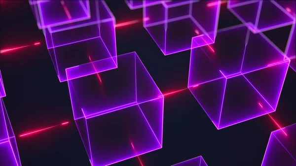 Estrutura de conexão de muitos cubos de néon. Computador gerado fundo isométrico, renderização 3d — Fotografia de Stock