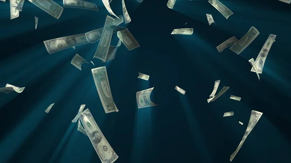 Sok amerikai dollár esik felülről, 3D-s renderelés. Számítógép által generált háttér hatása a pénz eső. Üzleti siker — Stock Fotó