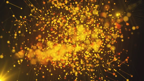 Počítač generoval abstraktní krásné pozadí. Zlaté částice, tečky a čáry, 3D vykreslování — Stock fotografie
