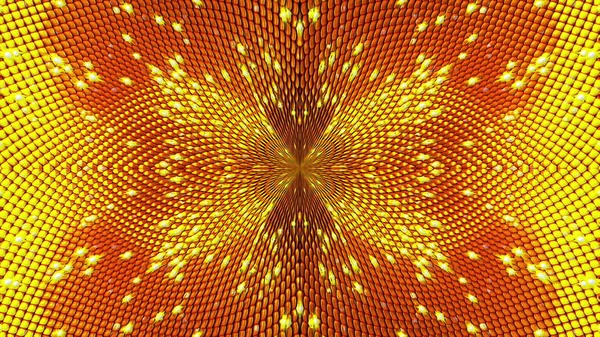 Computador gerado fundo abstrato a partir de partículas de ouro. Caleidoscópio se converte em um girassol sementes, renderização 3D — Fotografia de Stock