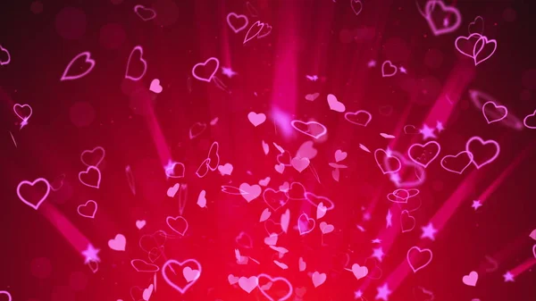 Hjärtan och stjärnor virvlar i ljusstrålarna. 3D-återgivning av abstrakt bröllopsbakgrund, datorgenererad — Stockfoto