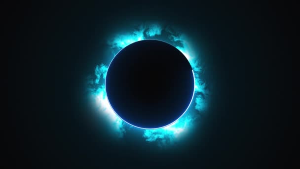 La computadora generó un disco redondo oscuro con un borde de neón contra el telón de fondo de nubes que se movían rápidamente. 3d renderizado eclipse solar — Vídeo de stock