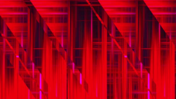 Computer gegenereerd hellende en horizontale glazen strepen met veel dunne neon lichtlijnen in verschillende kleuren. Abstracte spiegelachtergrond. 3d destructie — Stockvideo