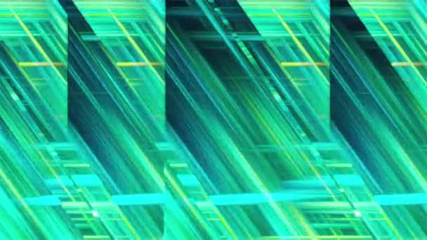 Computer gegenereerd hellende en horizontale glazen strepen met veel dunne neon lichtlijnen in verschillende kleuren. Abstracte spiegelachtergrond. 3d destructie — Stockvideo