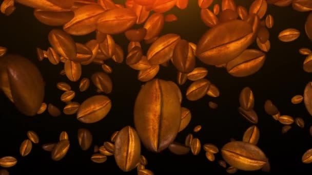 Смажені кавові зерна падають на темному тлі, створюється комп'ютер. 3D візуалізація — стокове відео