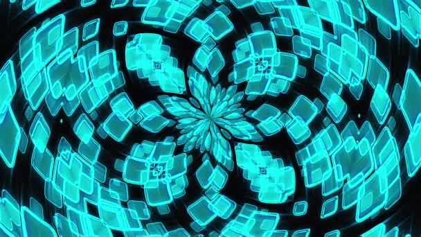 Kaleydoskop parlak kristaller ve taç yaprakları güzel bir çiçek oluşturuyor. 3D görüntüleme bilgisayarı oluşturulmuş teknolojik arkaplan — Stok video