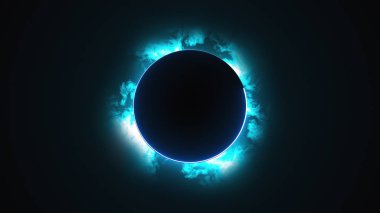 Bilgisayar, hızla hareket eden bulutların zeminine karşı neon kenarlı koyu yuvarlak bir disk oluşturdu. 3D güneş tutulması oluşturma