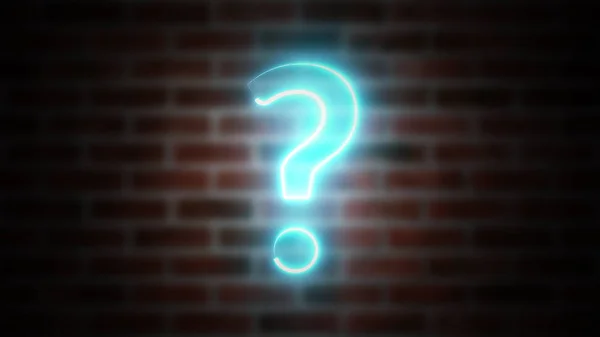 Question mark neon sign on a background of brickwork, computer generated. 3d rendering of wireframe symbol with glowing laser light