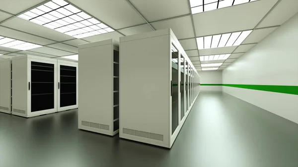 Gran interior de la sala de servidores en el centro de datos, la red web y la tecnología de telecomunicaciones de Internet, almacenamiento de datos y concepto de servicio en la nube, 3d render —  Fotos de Stock