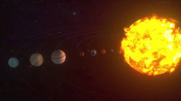 3D рендеринг космического фона. Модель орбитального движения планет в Солнечной системе, компьютер генерируется — стоковое фото