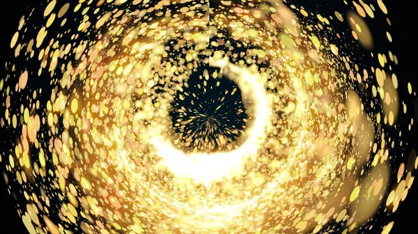 Computergegenereerde abstracte achtergrond. Een chaotische stroom van gouden ronde deeltjes en licht creëert een spiraal. 3d destructie — Stockfoto