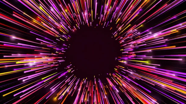 3d rendering movement through long corridor from beams. Speed of light, neon glowing rays in motion. Computer generated abstract modern cosmic background — Stock Photo, Image