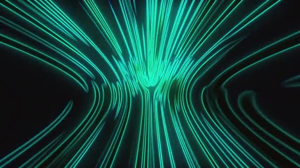 Abstract computer generated background, 3D rendering. Many vertical neon lines shimmer in a smooth bend. — Stockvideo