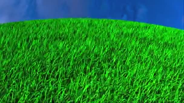 Computador gerado fundo abstrato rápido correr em uma superfície redonda com grama verde e céu. ângulo de visão superior. Renderização 3d . — Vídeo de Stock