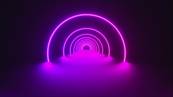 3d render of circle neon tunnel. Ultraviolet abstract background from round arcade. Computer generated a virtual reality — 비디오