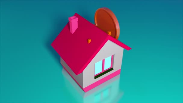 Moneybox i form av ett hus och fallande guldmynt. Datorn genererade ett mynt som föll in i huset. 3D-rendering isometrisk bakgrund — Stockvideo