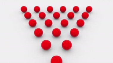 Computer generated composition of fifteen red balls lined with a triangle on a flat surface. 3d rendering isometric background