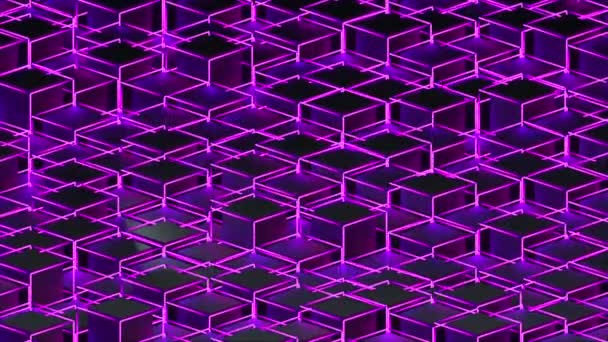 3d rendering background of isometric neon cubes located at different levels. Computer generated abstract design. — 图库视频影像