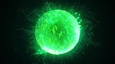 3d render, bilgisayar oluşturulan küre veya siyah bir arka plan üzerinde çok sayıda neon parçacıkları ve çizgiler topu