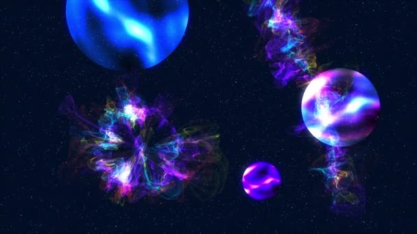 Компьютер создал красочный космический ландшафт: спиральную туманность, планеты и галактики на звездном фоне. 3D рендеринг — стоковое видео